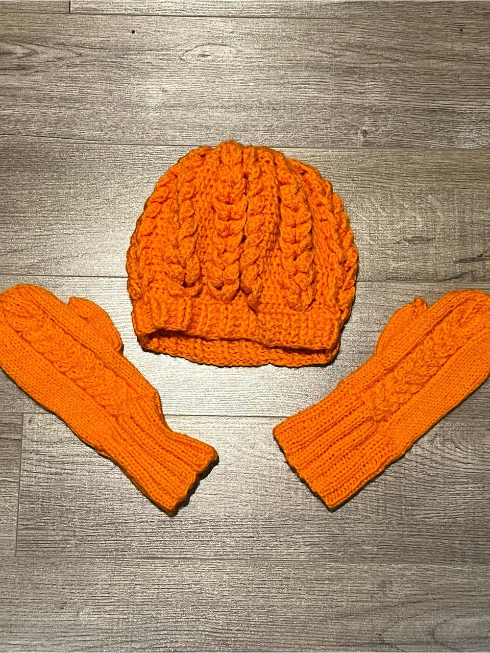 Orange Cable-Knit Beanie and Mittens Set